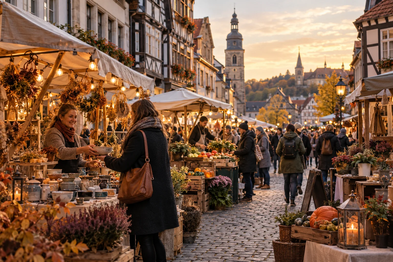 Belebter Kunsthandwerkmarkt in einer Altstadt