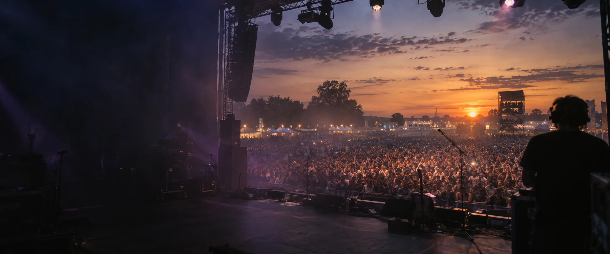 Festivalpublikum vor einer Bühne bei Sonnenuntergang